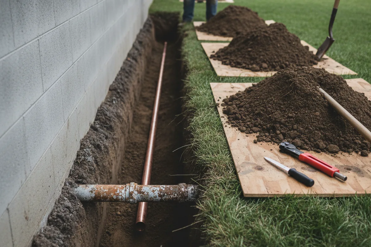 Excavated water line trench during Sewer Line Repair in Piedmont